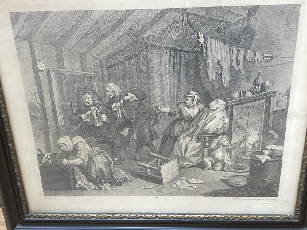 After William Hogarth, set of six engravings, The Harlots Progress, overall 37 x 44cm